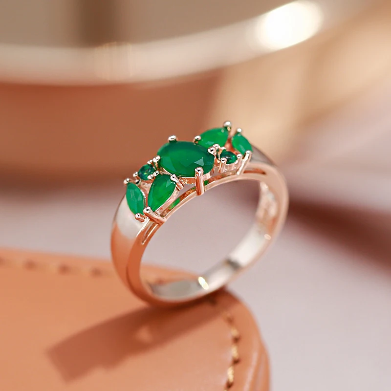 Kinel New Green Natural Zircon Geometry Ring for Women 585 Rose Gold Vintage Ethnic Bride Wedding Jewelry Party Accessories Hot