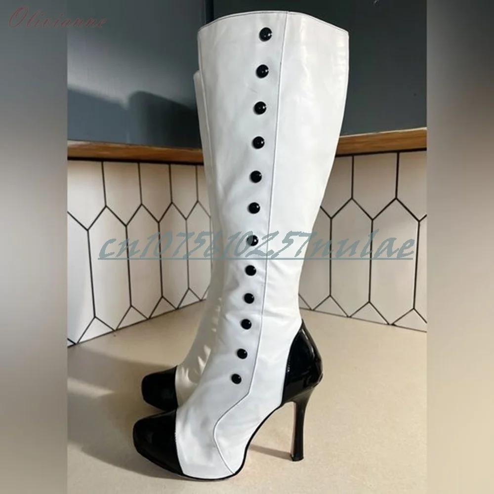 

Black and White Side Button Decor Mid Calf Boots Runway Style Stiletto Heel Fashion Sexy Women Shoes 2026 Zapatos Para Mujere