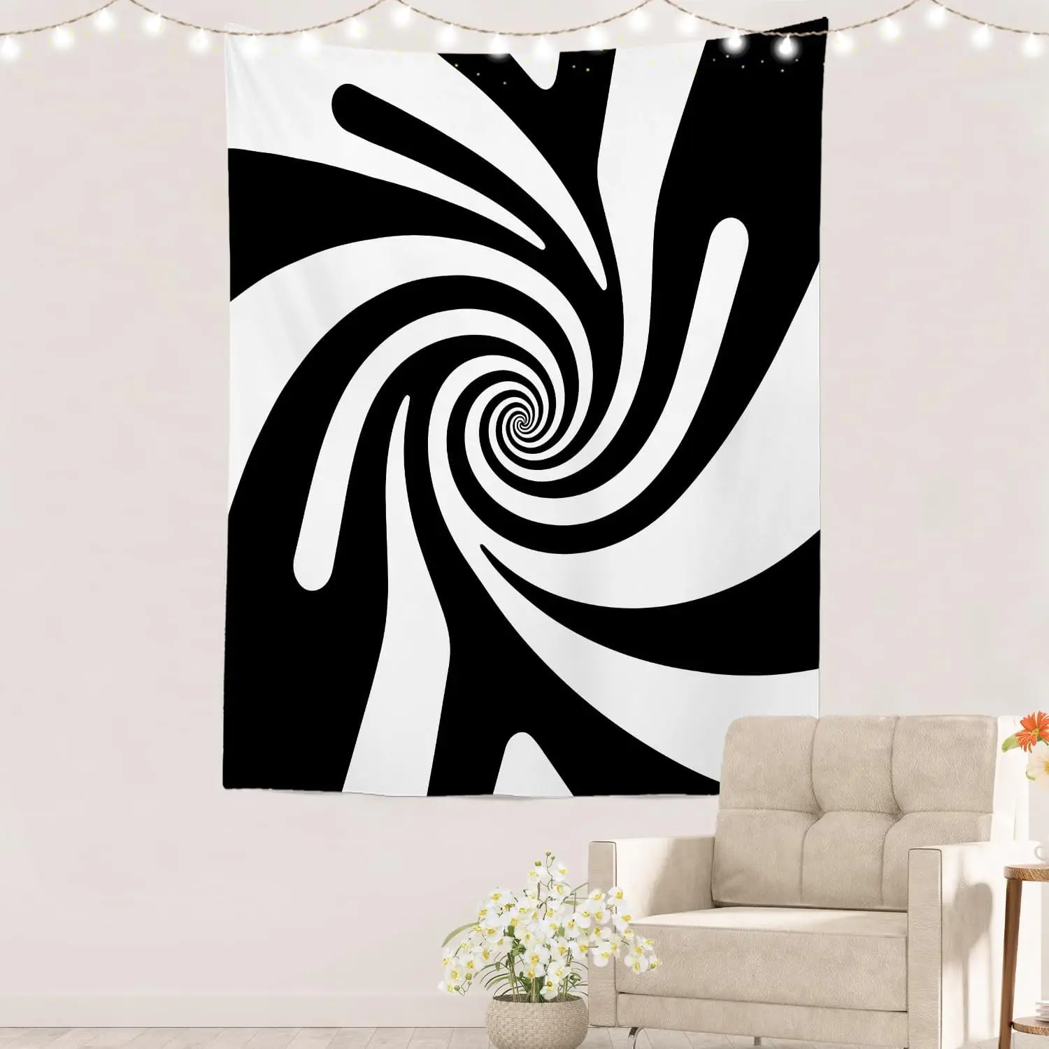 Black White Swirl Tapestry - Abstract Optical Illusion Wall Art, Psychedelic Spiral Decor, Living Room Bedroom, Multiple Sizes