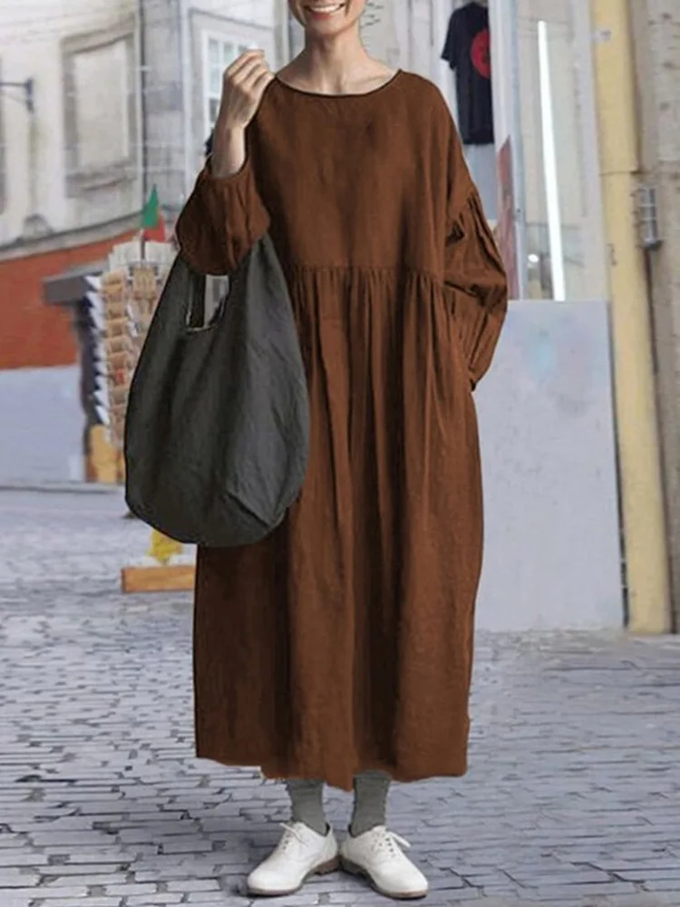 2024 New round Neck Long Sleeve Loose Fit Long Cotton Linen Dress Women's Clothing  Color Commute Style Basic Model