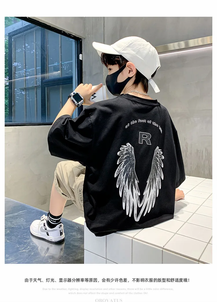 Neues Modisches Tween-Jungen-Sommer-T-Shirt mit Flügeln auf dem Rücken Kinder Teenager Kurzarm-T-Shirt Outfit Kinder Casual Streetwear Top – Detail 6