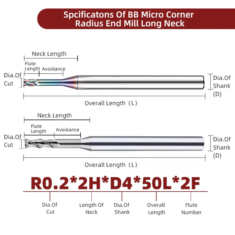 BB Longo Pescoço Micro End Mill, 0.1mm ~ 3mm, para Liga de Alumínio Cobre Eletrodo Plástico Não-metal CNC Usinagem Carboneto Sólido Cortador