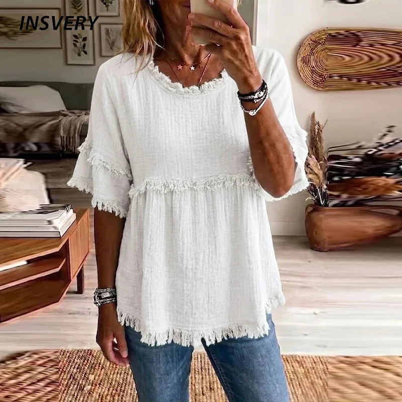 Elegant Women Shirt Tassel Design O-Neck Short Sleeve Loose Women Blouses Tops White Oversized Fashion Shirts Female Streetwear