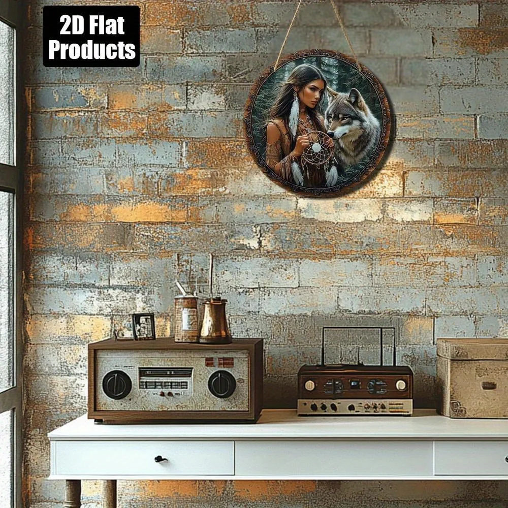 2D flach, 1-teilig, rundes dekoratives Holzdekorationsbrett, auf indischen Frauen und Wölfen, geeignet für Bars, Küchen und Häuser – Detail 5