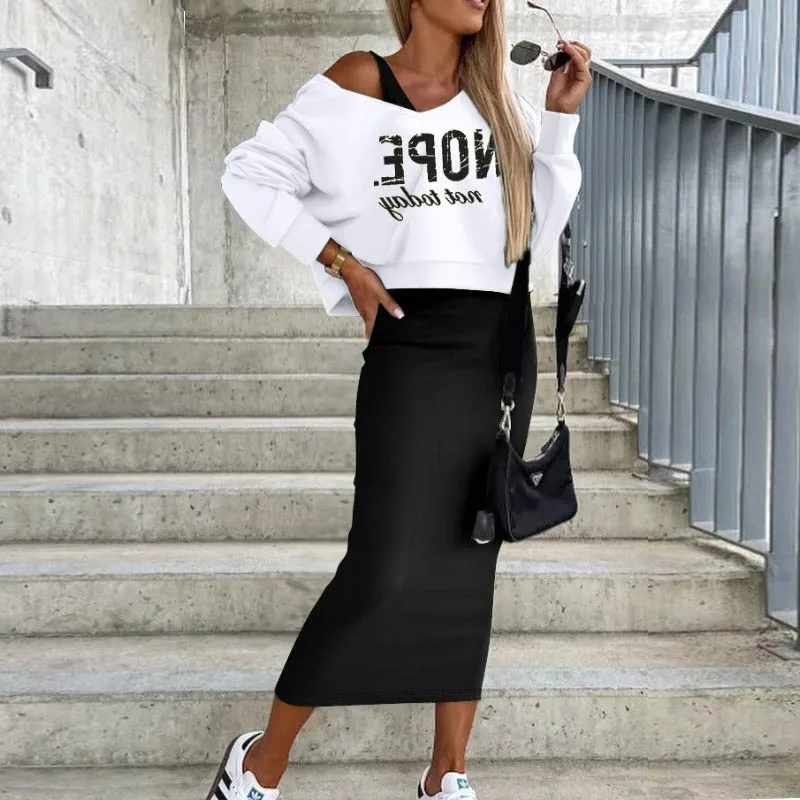 Women hooded pullover top dress set Elegant Autumn Long sleeve top and long skirt 2pcs set Female fashion outfit Suits