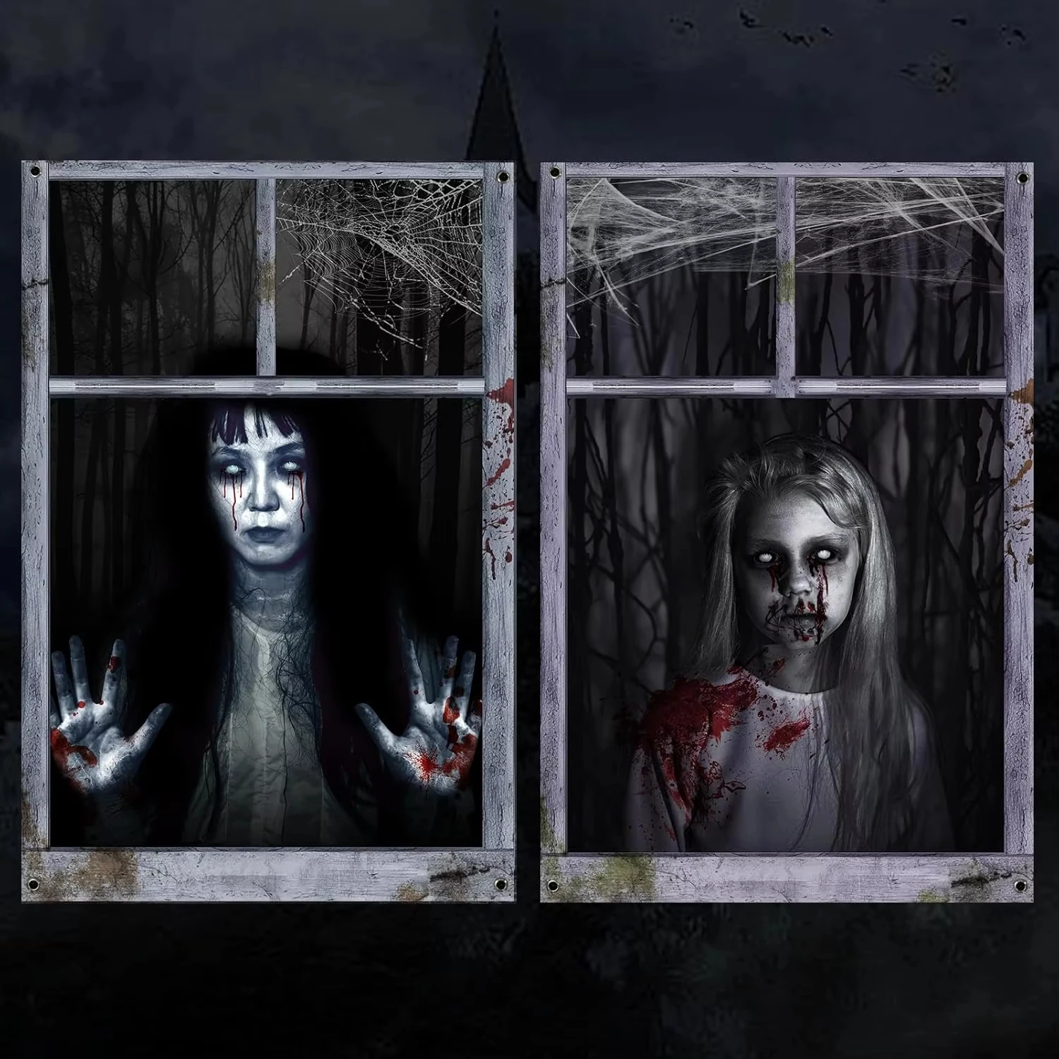 2 Pack Halloween Ghost Curtain Decorations - Female Ghost Window Cover for Indoor/Outdoor Party Decor