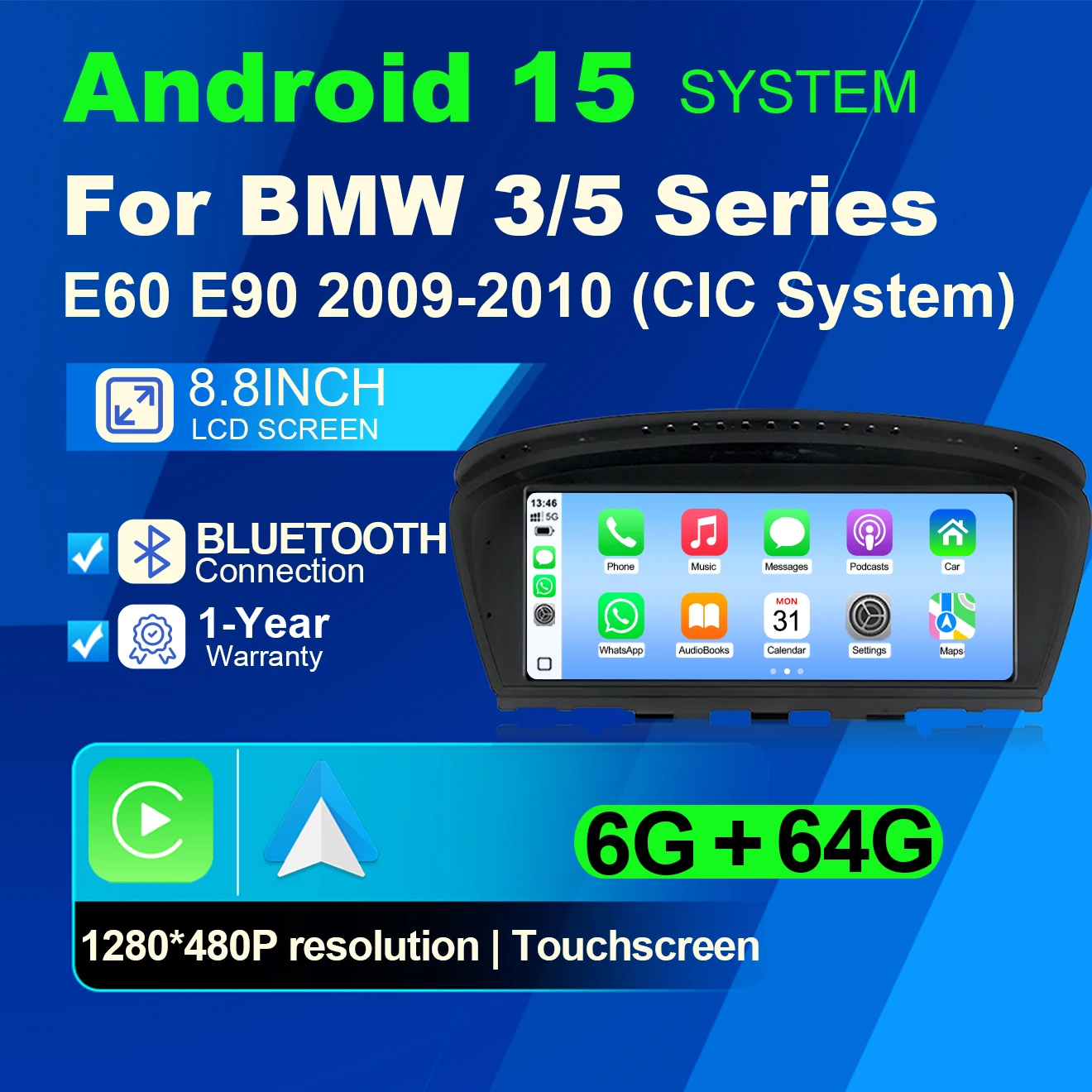 DMDNAVI Android 15 System AndroidAuto für BMW 3er 5er Serie E60 E61 E63 E90 E91 E92 2009-2010 CIC System Carplay Auto Multimedia Radio Player 8,8 Zoll 4G BT Qualcomm Snapdragon 665 Chip DSP