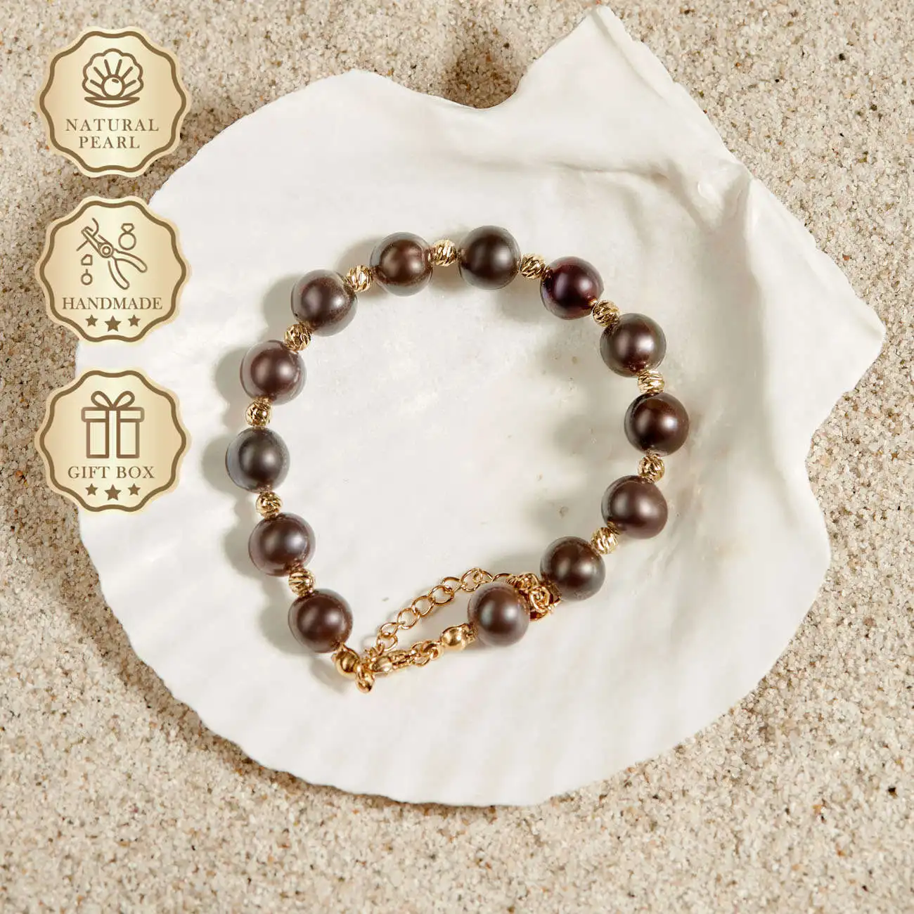 

MYSOYA Black Freshwater Pearl Bracelet 9–10mm with Gold Pattern Beads & Extender Chain, Gift Box, Birthday/Anniversary Gift