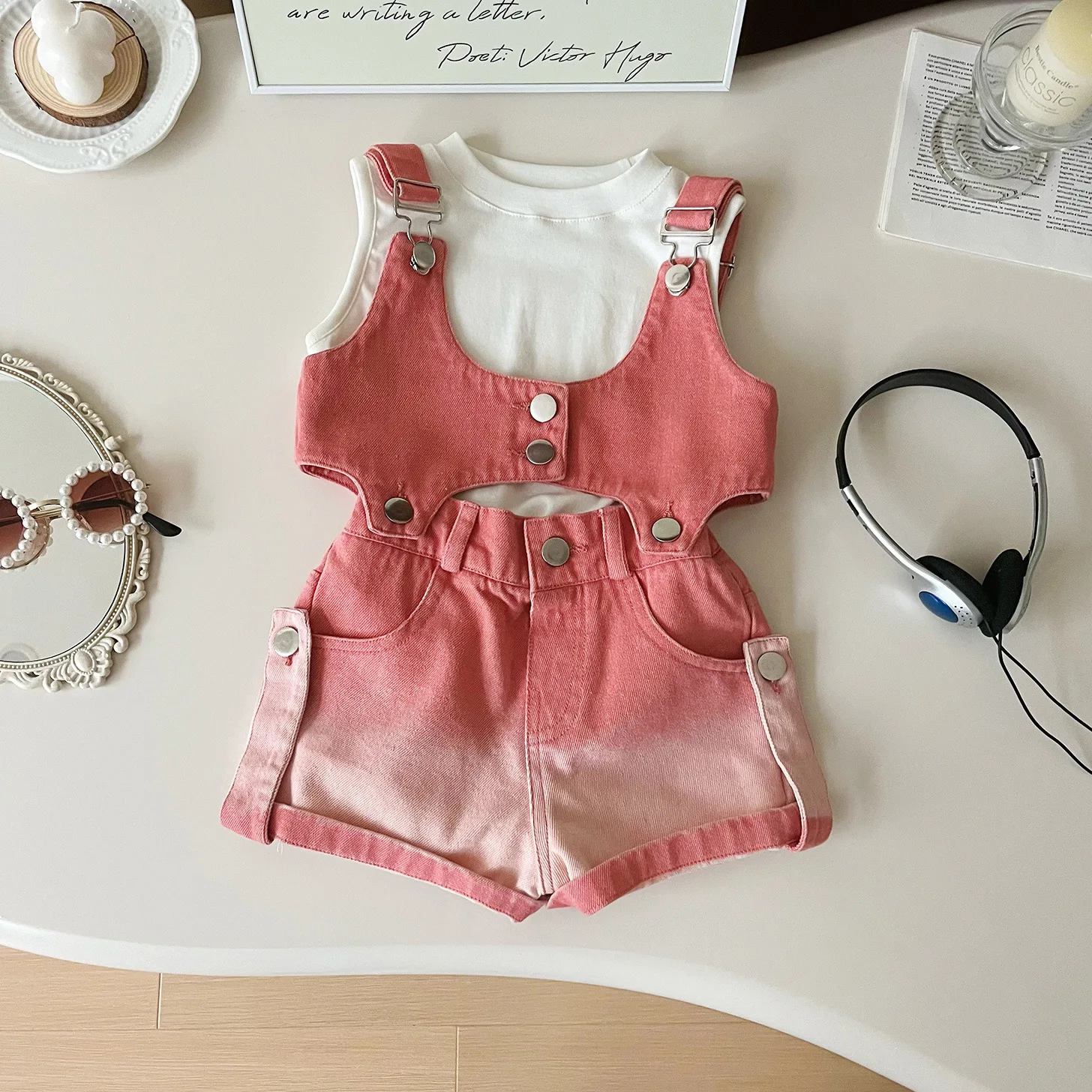 2024 Summer Girl Clothing Set New Korean Girls' Cowboy Strap+Short Sleeve T-shirt+Shorts 3-Piece Cute Fashion Kids Outffit