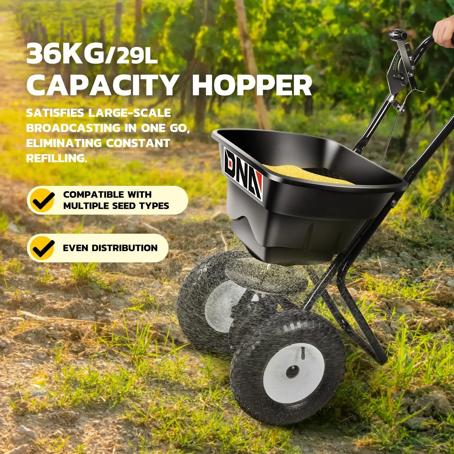 MOTORING 80lb Walk-Behind Broadcast Spreader 36KG/29L Capacity, Garden Seeder with Wheels, for Residential Farm Seeding, TOOLS-0