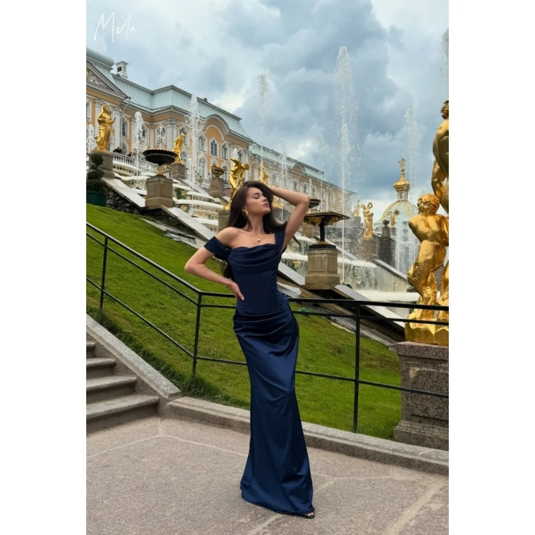

Mila Navy Blue One-shoulder Off-the-shoulder Satin Prom Dresses Ruched Bodice Customized Formal Evening Slim-fit Floor-length