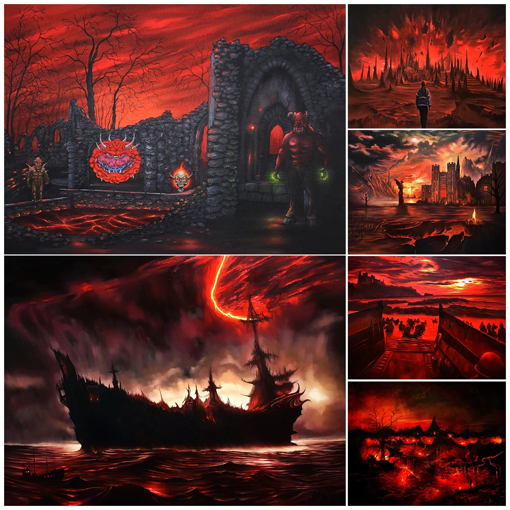 Nightmare Scene And Hellscape Vintage Wall Art Canvas Painting Classic Doom Apocalypse Gothic Art Poster Print Home Decoration