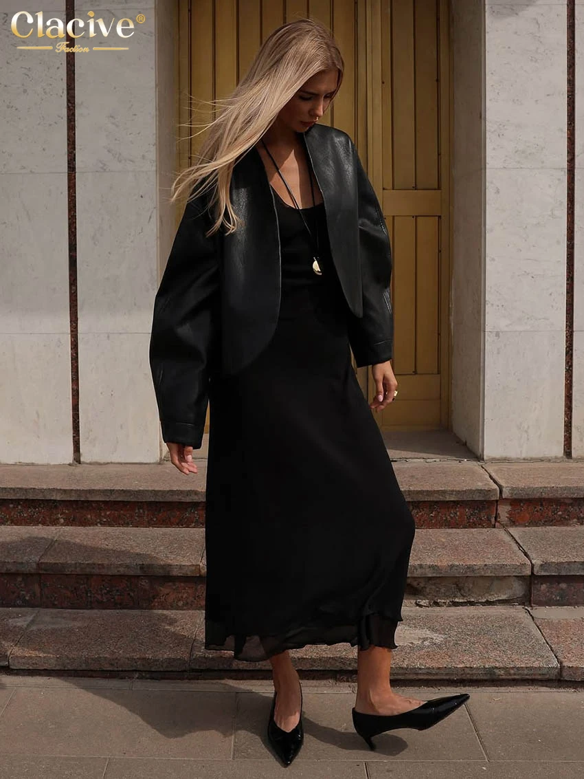 Elegant Black PU Leather Women's Winter Coat - V-Neck Design