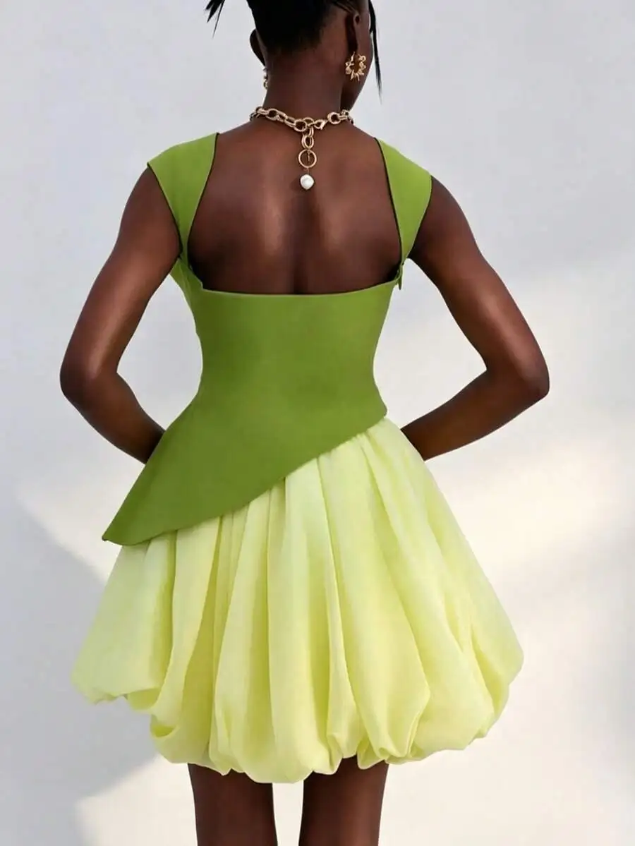 Women's Chic Green Top & Yellow Pleated Skirt Two-Piece Set, Elegant Woven Casual Party Outfit With Playful Bubble Hem, Slight S