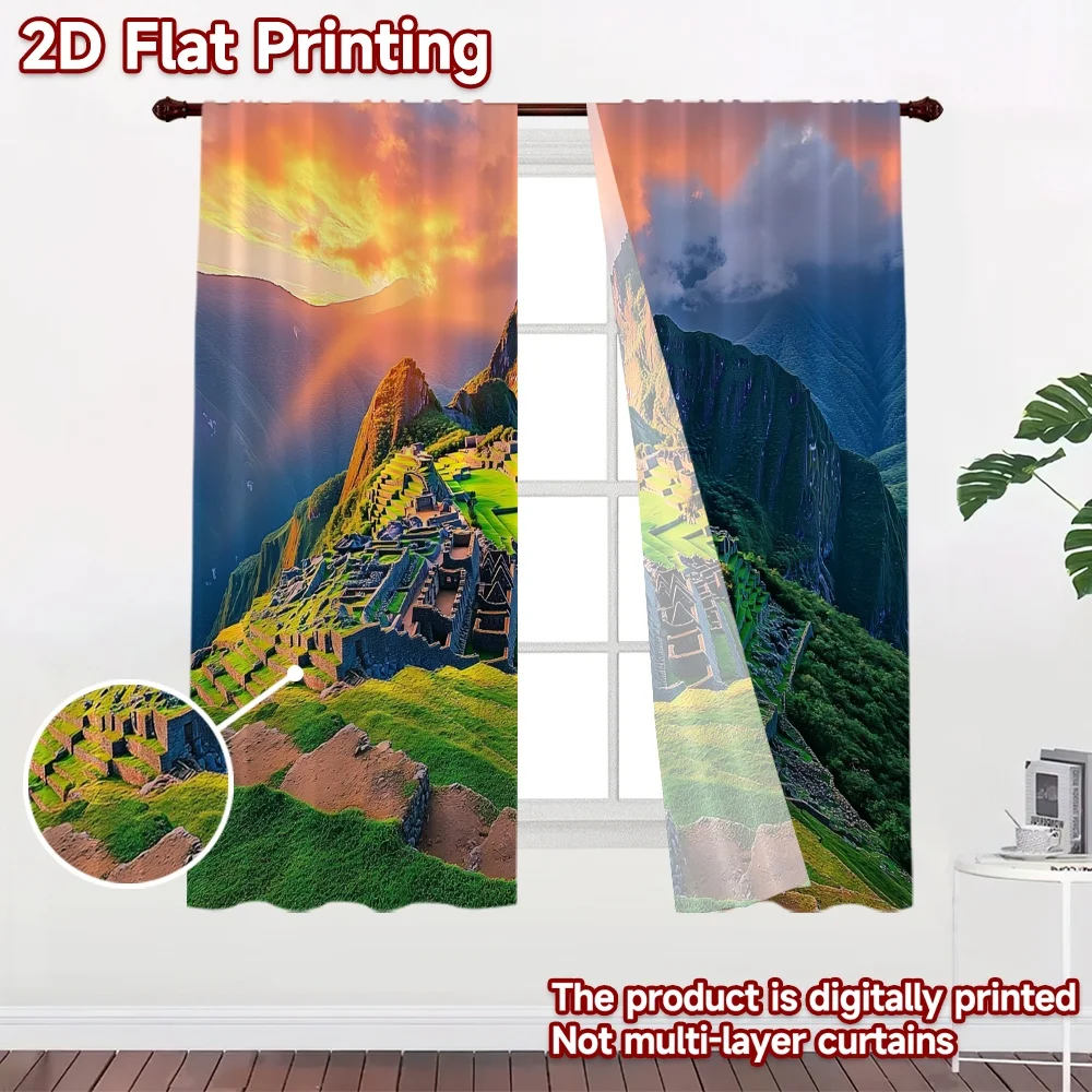 2D flat 2pcs Curtain Vintage drapes and curtains Sunset Machu Picchu Mountains Durable polyester fiber Festive Holiday for Photo