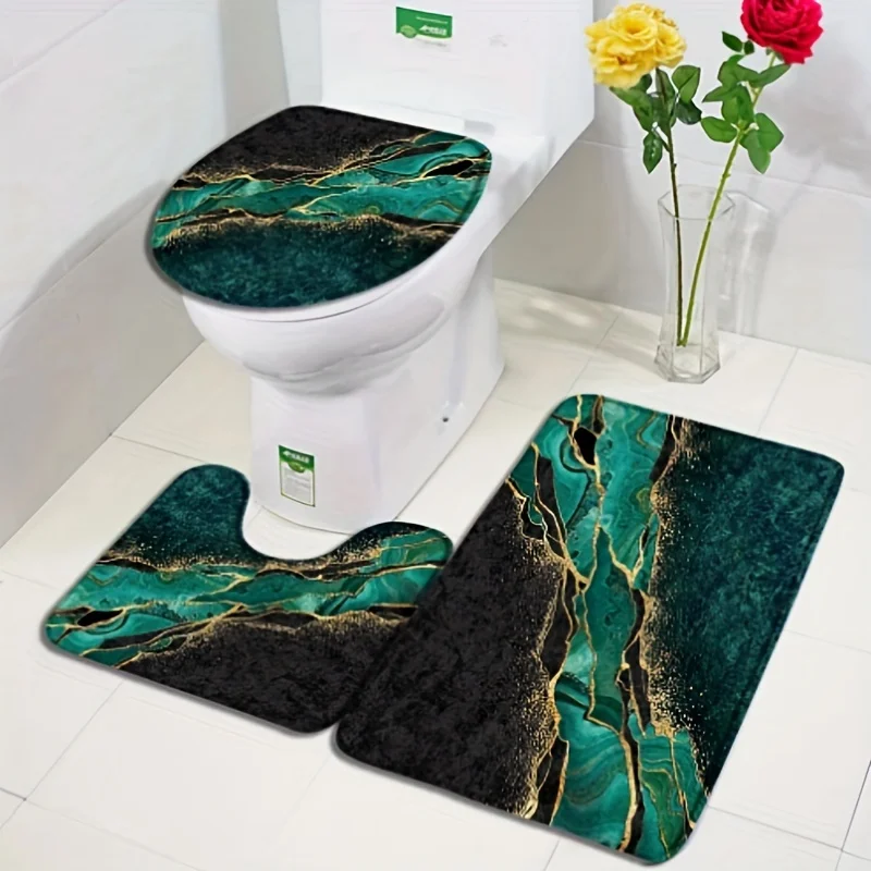 3-piece luxury marble pattern bathroom mat set-anti-slip contoured rug, soft toilet lid cover, elegant decor for stylish homes