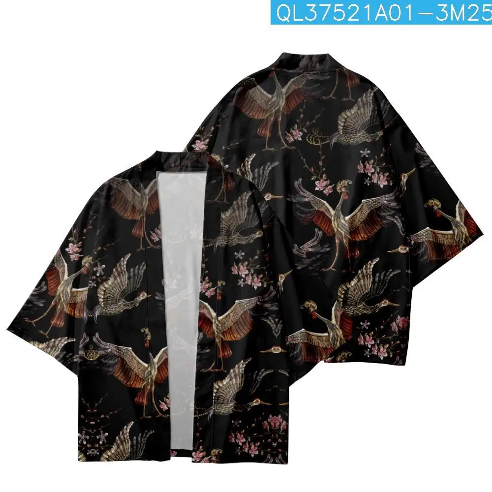 

Couple Women Men Cartoon Crane Floral Printed Loose Cardigan Haori Yukata Casual Summer Kimono Beach Shorts Streetwear