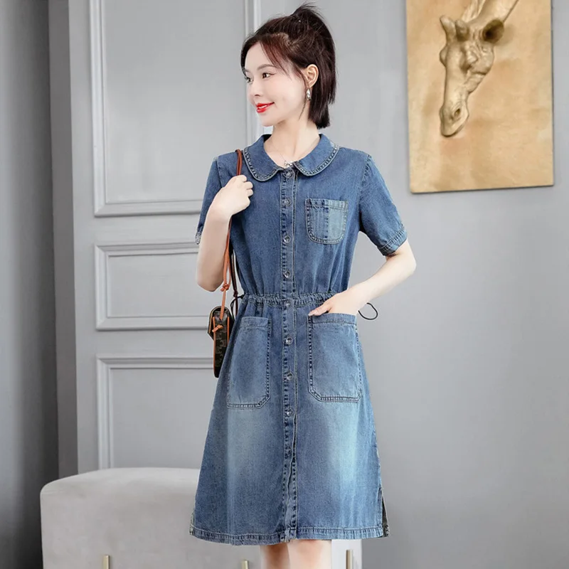 

Peter Pan Collar Women Denim Dress Drawstring High Waist Short Sleeved Summer Dresses 2023 New Elegant Casual Jean Dress