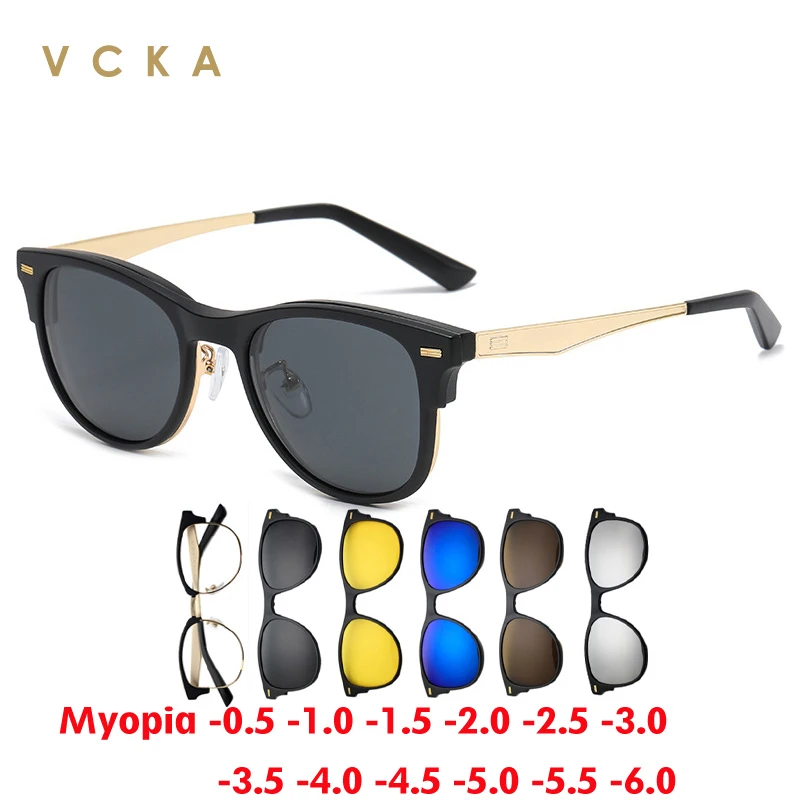 

VCKA 6 in 1 Magnetic Clip Myopia Square Sunglasses Men Women TR90 Polarized Glasses Optical Prescription Eyewear -0.5 to -10