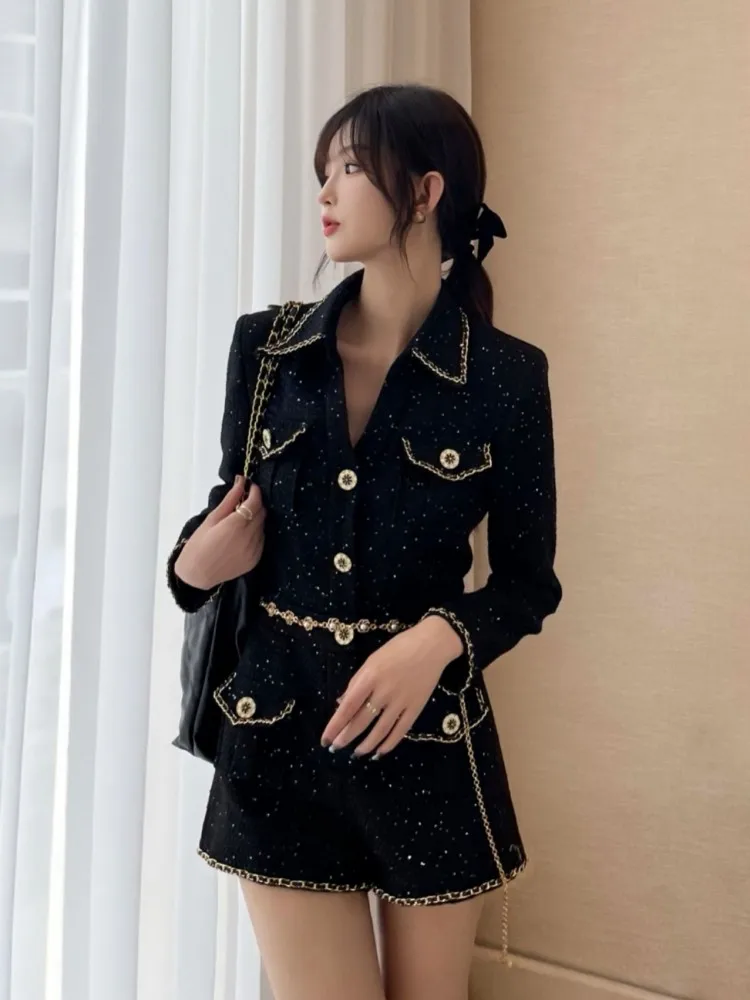 Office Ladies Elegant Black Tweed Playsuits Slim Long Sleeve Spring Single Breasted High Waist Rompers Fashion Women Jumpsuits