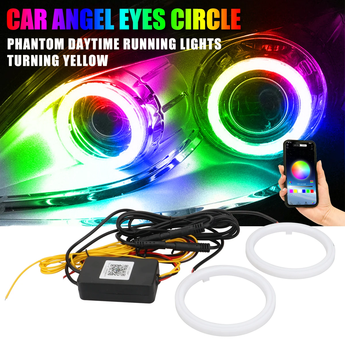 2-in-1 Angel Eyes 100mm 80mm 70mm 60mm Symphony Halo Ring DRL Scheinwerfer für Auto Motorrad Dekorationslicht 9-30V APP-Steuerung RGB