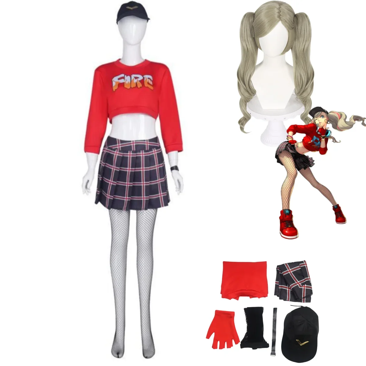 Game Persona 5 Anne Takamaki Cosplay Costume P5 PANTHER Wig Red Long Sleeves Hoodies Plaid Skirt Woman Sexy Kawaii Party Suit