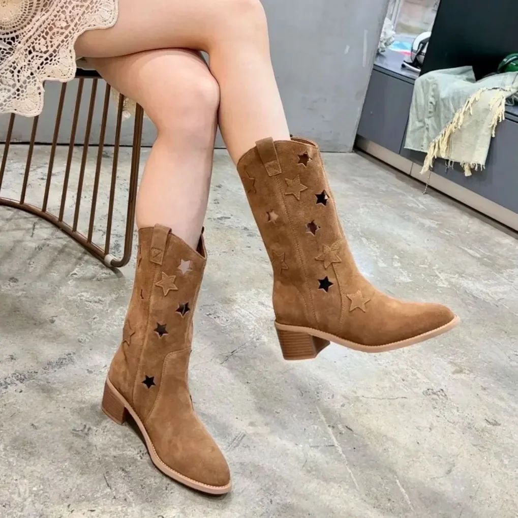 Spring and summer boots, thick heels, short boots, French retro hollow star pointed western boots, women's boots