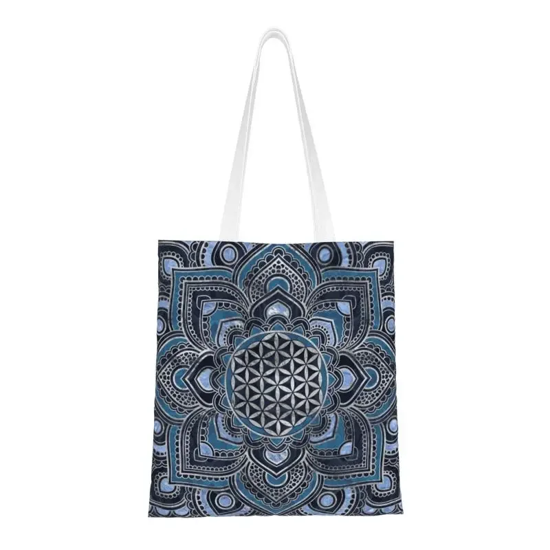 

Custom Flower Of Life In Mandala Shopping Canvas Bags Women Durable Grocery Zen Yoga Meditation Tote Shopper Bags