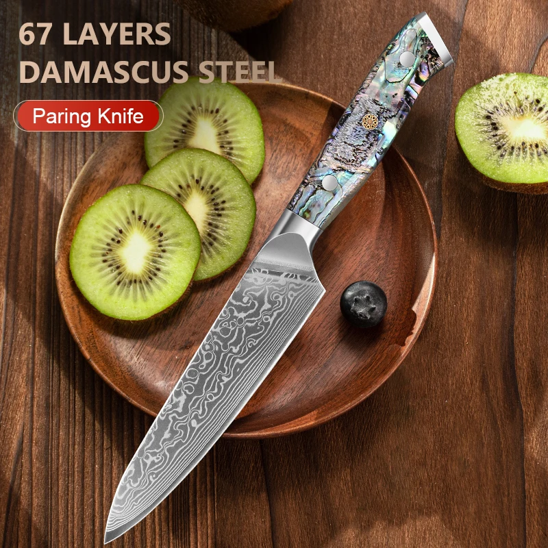 5-Zoll-Universalmesser aus Damaszener Stahl, Superscharfe Klinge, Mehrzweckmesser, Küchenmesser, Obstmesser mit Abalone-Muschelgriff