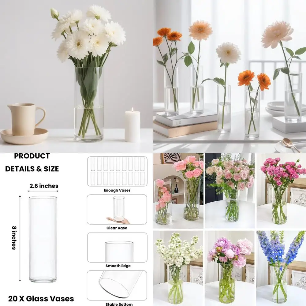 

8-Inch Pack of 20 Clear Glass Cylinder Vases for Wedding and Party Centerpieces