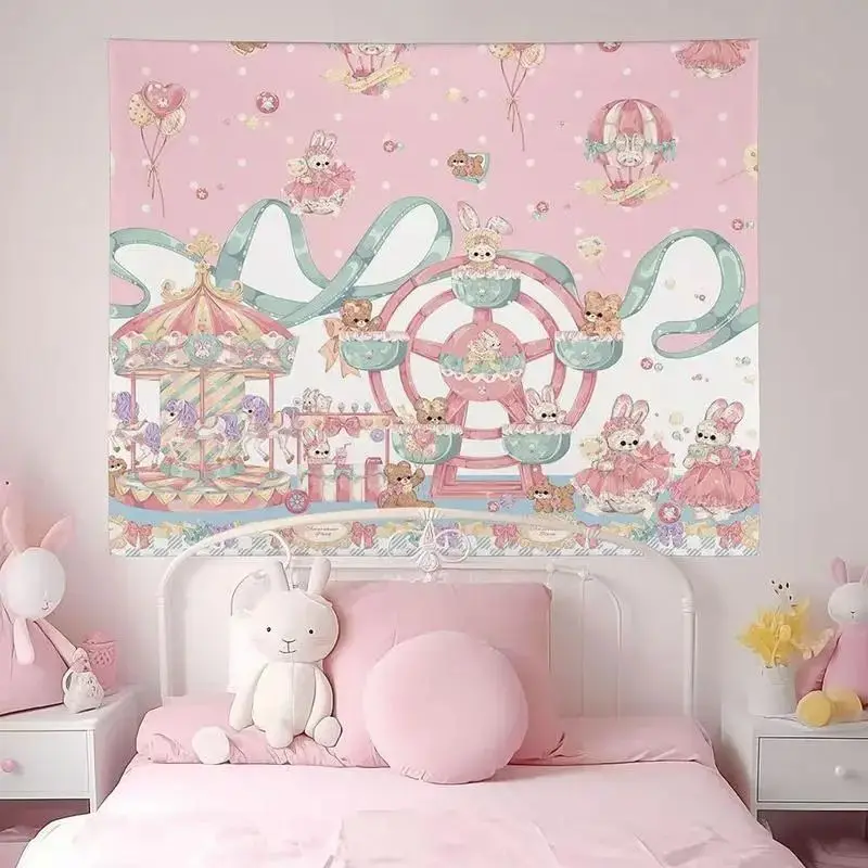 Cute Amusement Park Wall Tapestry Light Pink Rabbit Theme Backdrop Polyester Wall Hanging Bedroom Dorm Living Room Home Decor