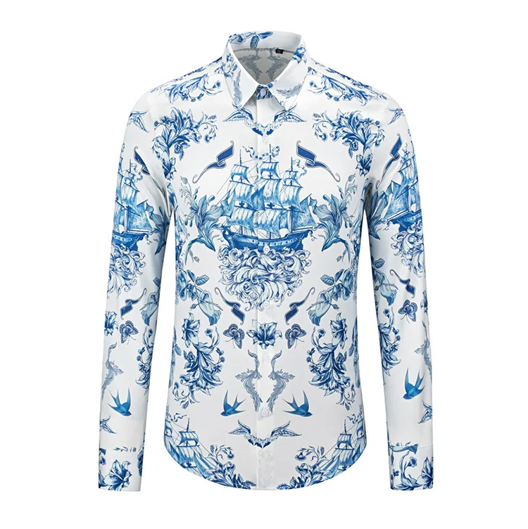 Luxury Printed Long Sleeved Shirt for Men Non Ironing Casual Business Social Shirt Male Slim Fit Social Party Tuxedo Blouse 2025