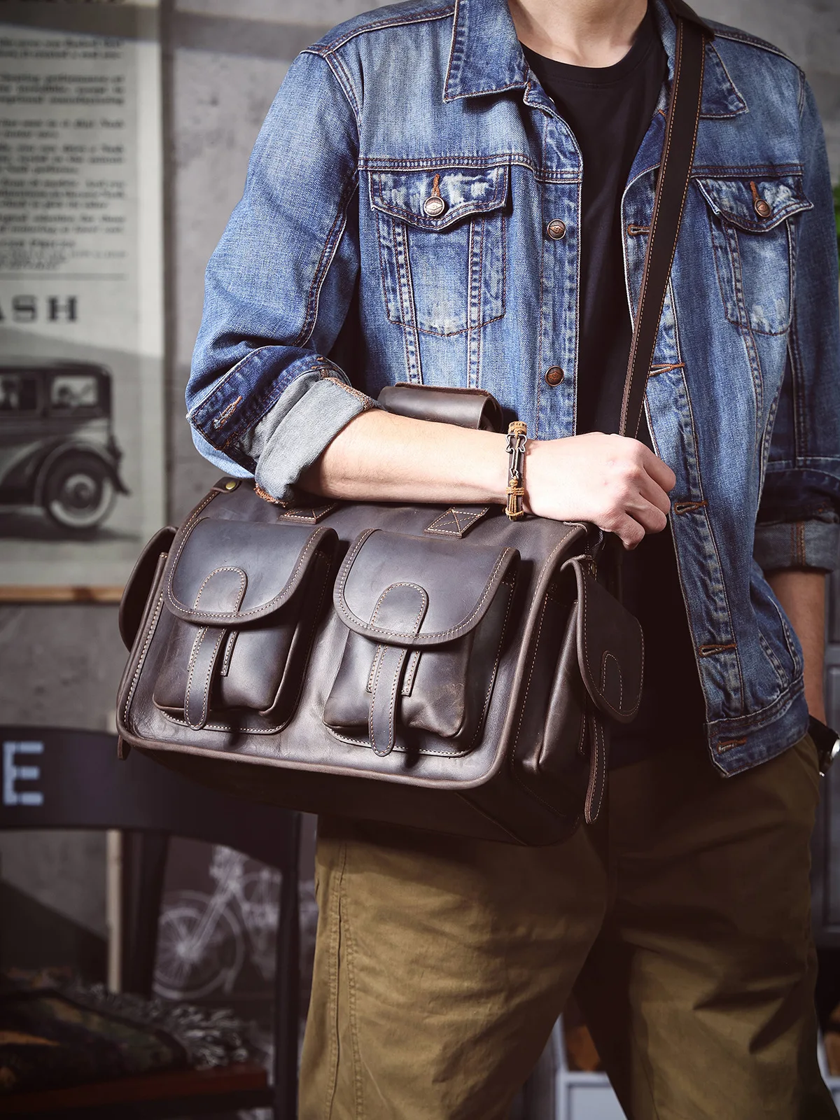 Designer handmade Crazy Horse cowhide กระเป๋าเอกสารผู้ชายแล็ปท็อปกระเป๋าถือ VINTAGE ของแท้หนังกระเป๋า Messenger ความจุขนาดใหญ่