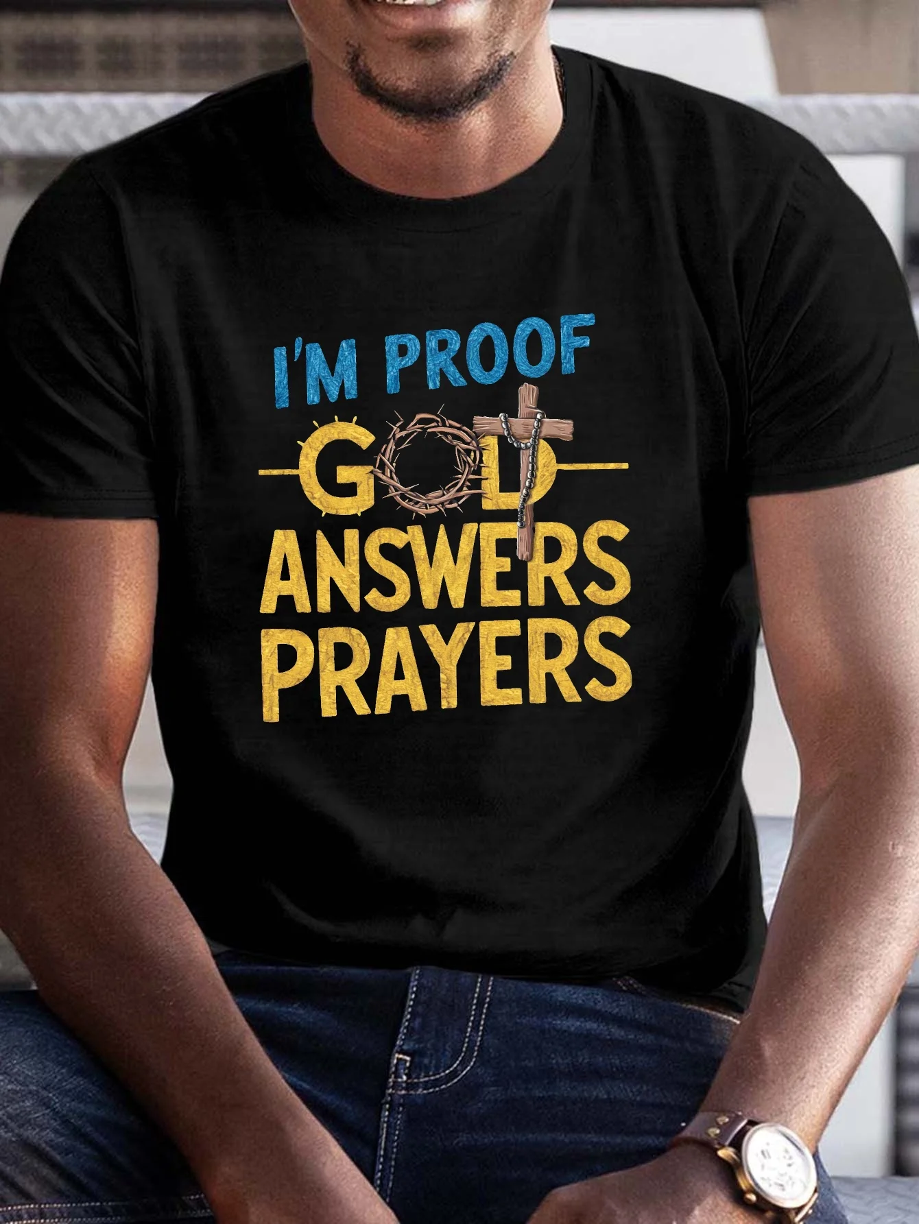 

1 Christian Faith Printed T-Shirt, Men's Summer T-Shirt - Casual Crew Neck Polyester Knitted with Geometric "I Prove Golde=