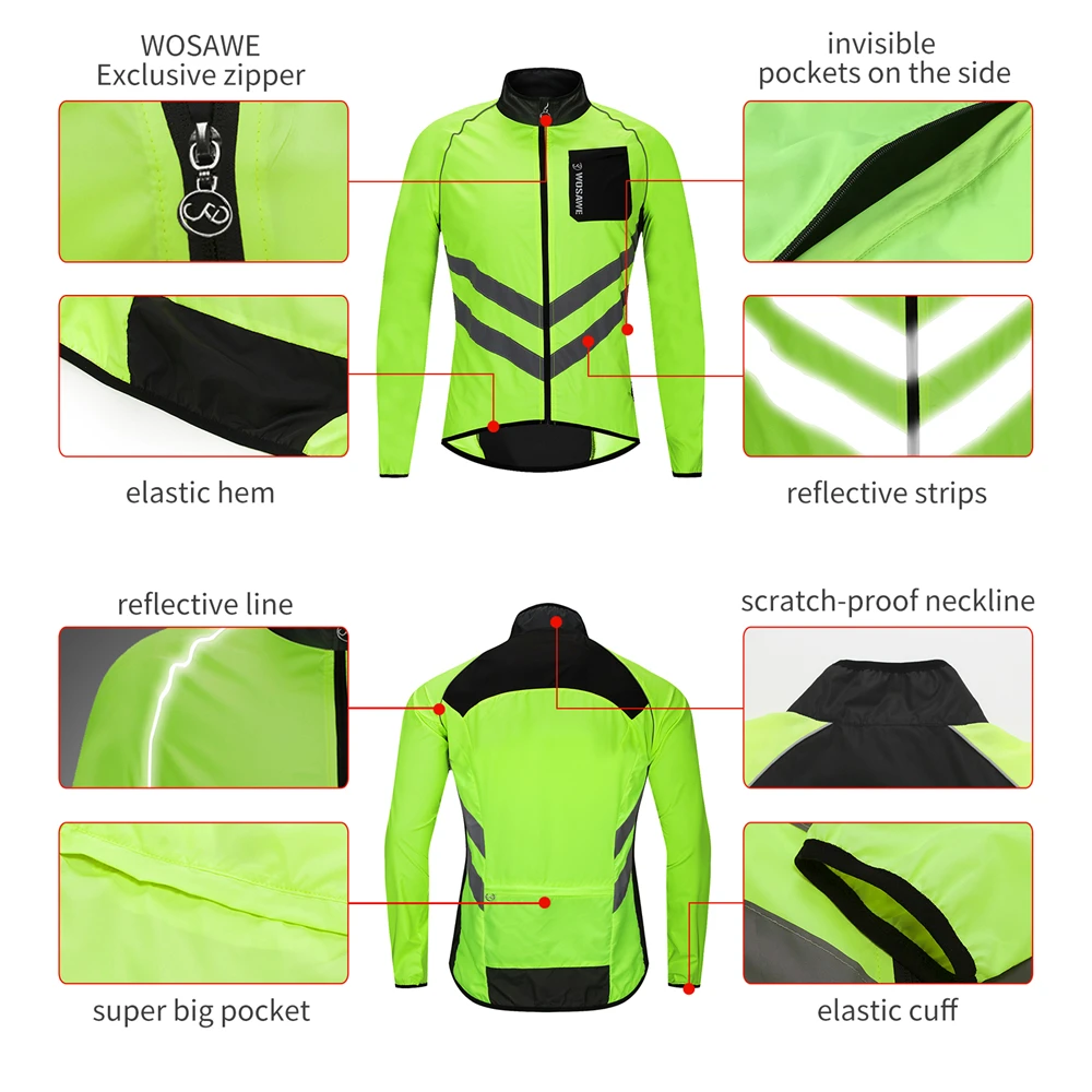 WOSAWE Men\'s Windbreaker Cycling Jacket Breathable Windproof Reflective Strips Water Resistance Bike Bicycle Sports Raincoat