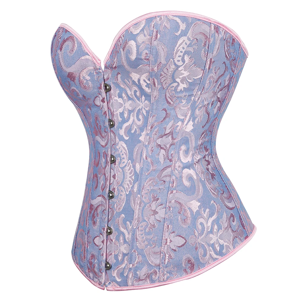 Overbust Corset Jacquard Floral Black White Pink Blue Korset Fish Boned Gothic Bustier Top Front Busk Clothing Gorset