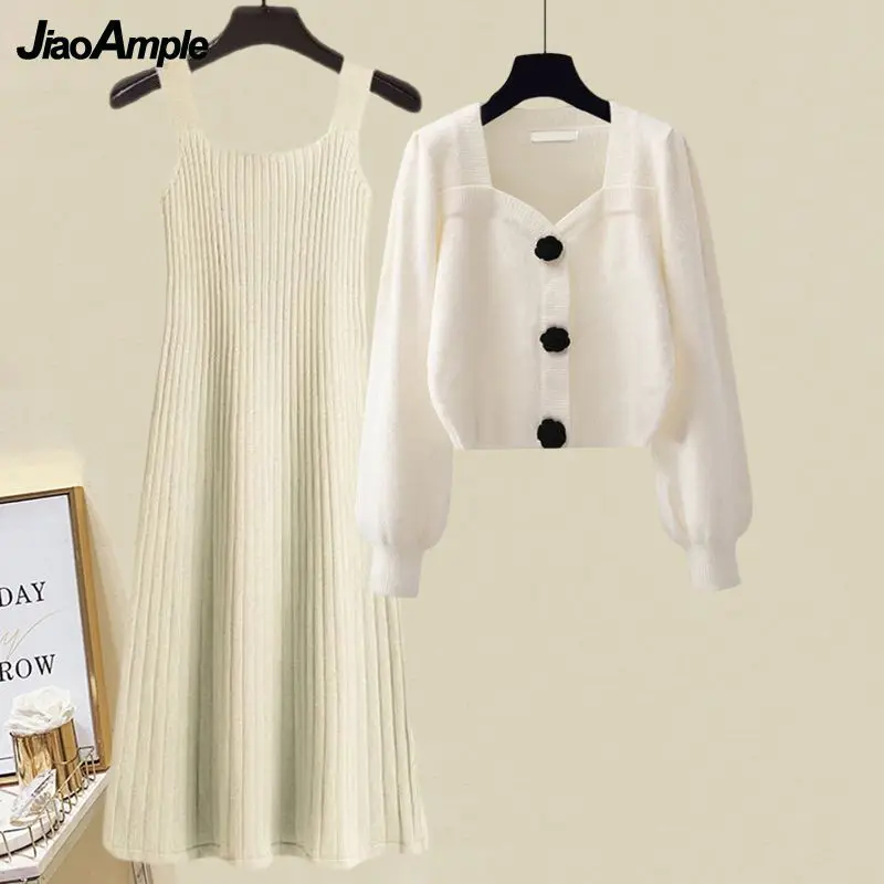 Women's Autumn Winter New in Matching Set Korean Elegant Knit Sweater Cardigan Strap Dress Two Piece Female Chic Clothing Suit