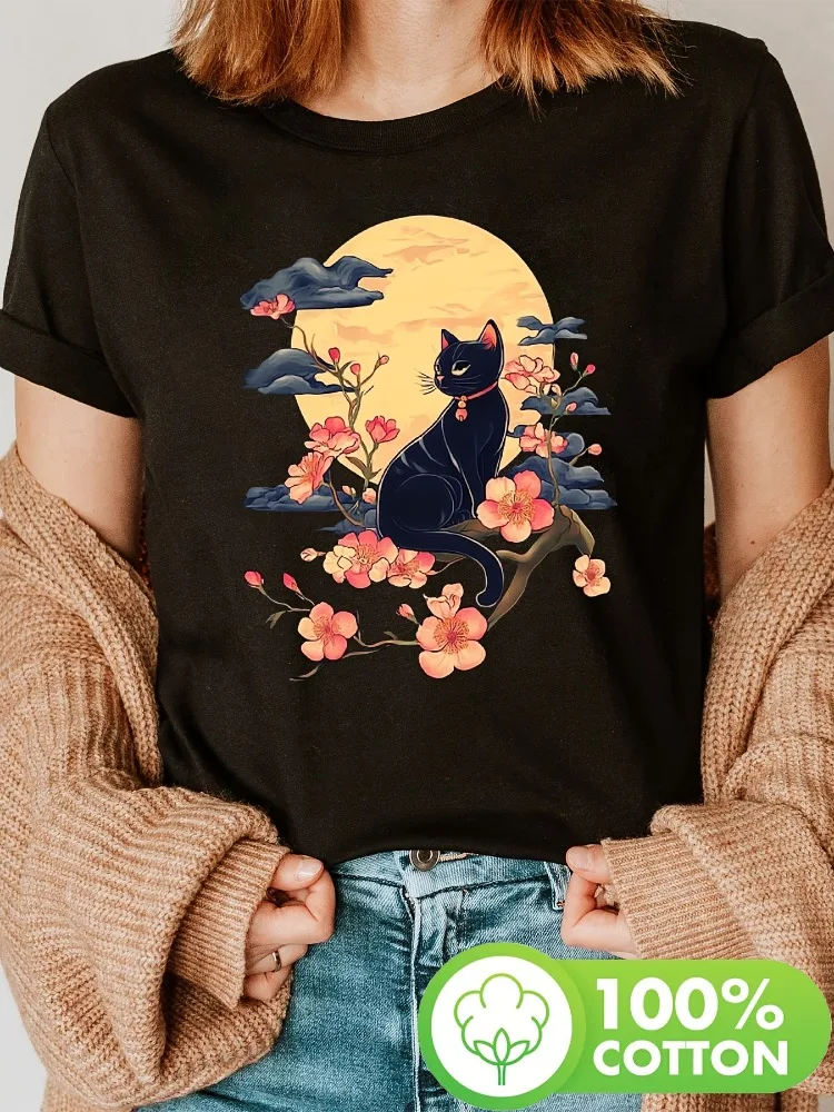 

Женская милая японская футболка с принтом кота в стиле аниме «Кошка и цветы вишни под ночным небом», повседневный топ с круглым вырезом на весну/лето/осень