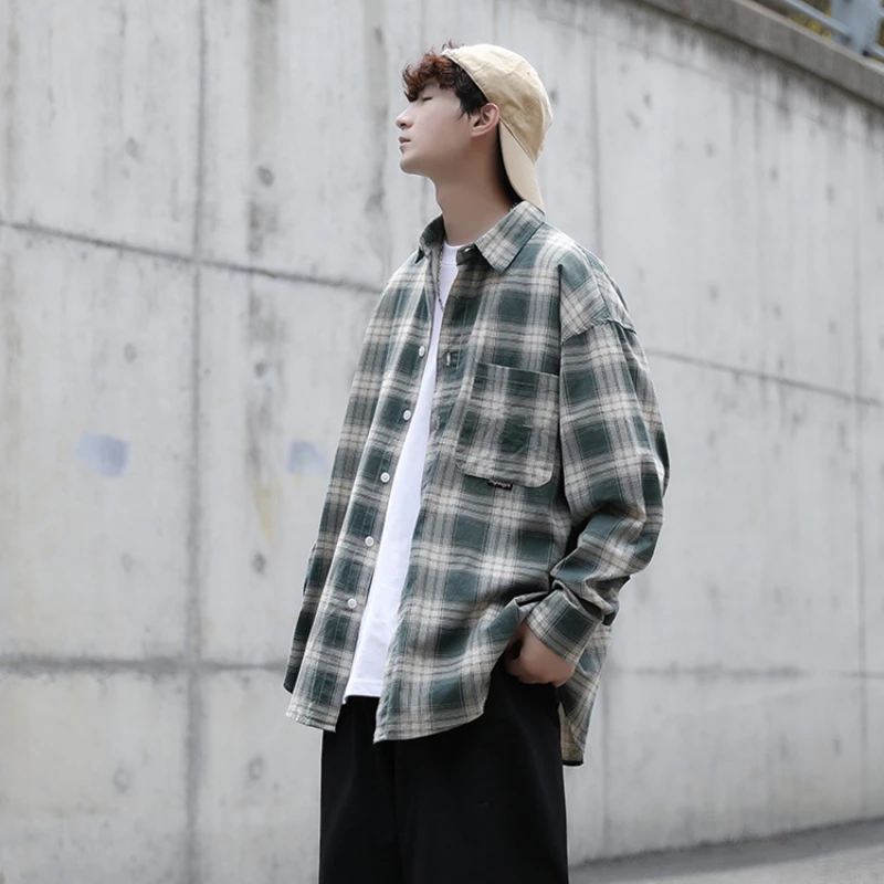 Heren Overhemden Casual Streetwear Jeugdige Geruite Losse Tieners In Japanse Stijl Vitaliteit High Street Lange Mouw Herfst All-Match