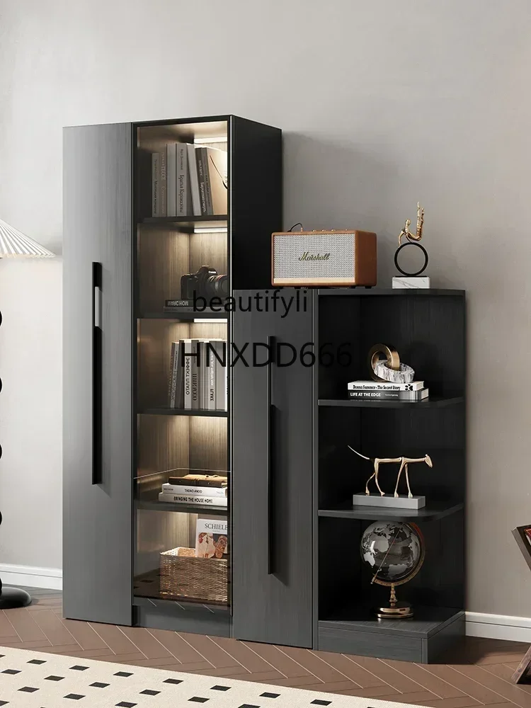 new style Side Pull Bookcase with Glass Door Solid Wood Display Study Living Room Low Cabinet ss 7304