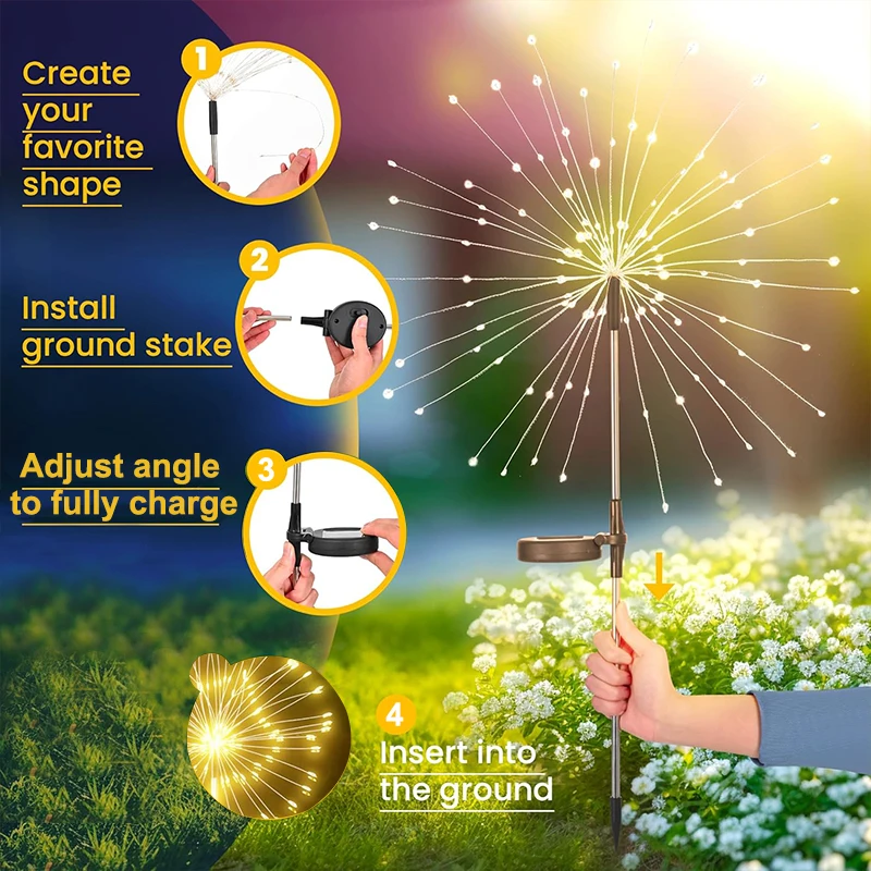 Solar Firework Atmosphere Lamp Waterproof 200LED Starburst Fairy Light Outdoor Garden Christmas Halloween Decoration
