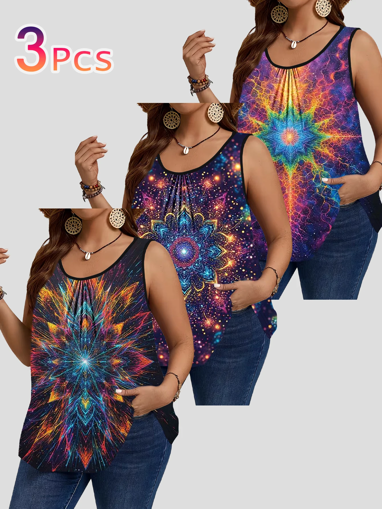 3-Piece Set of Starry Sky Mandala Print Sleeveless Vests for Women, Large Size, Round Neck, Pleated, Loose-Fitting Outerwear, Long Tank Top