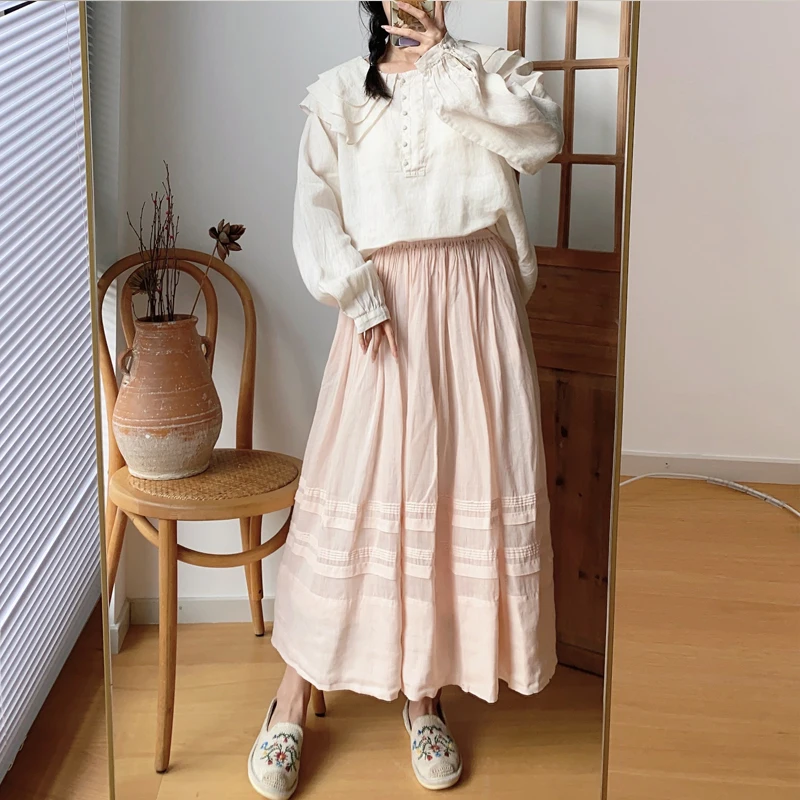 Johnature Vintage New Ramie Patchwork A-Line Women Skirts 2024 Spring Mori Elastic Waist Solid Color Female Skirts