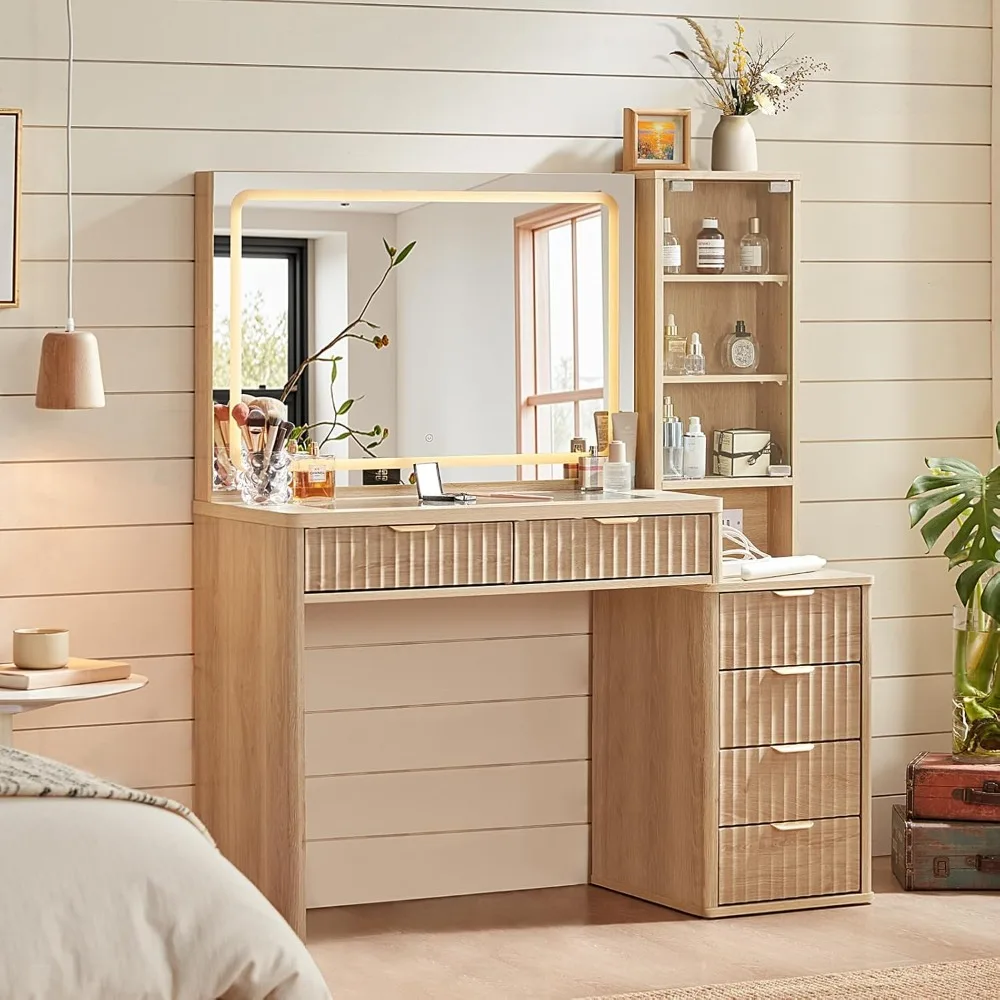 

Vanity Desk with Mirror and Lights, 43.5'' Fluted Makeup Vanity with 6 Drawers and Adjustable Shelves, Glass Top Make