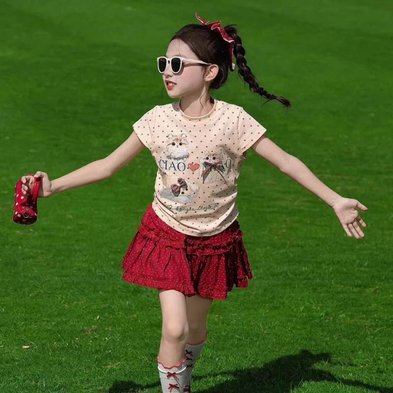 

Girls' Summer Outfit Set 2026 New Sweet Cat Polka Dot T-shirt with Half Sleeves and Half Skirt