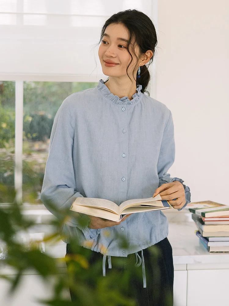 

Light Blue Gingham Che Long Sve Women's irt Linen Material Button down Sle Artistic Commute Faion Loose Fit irt