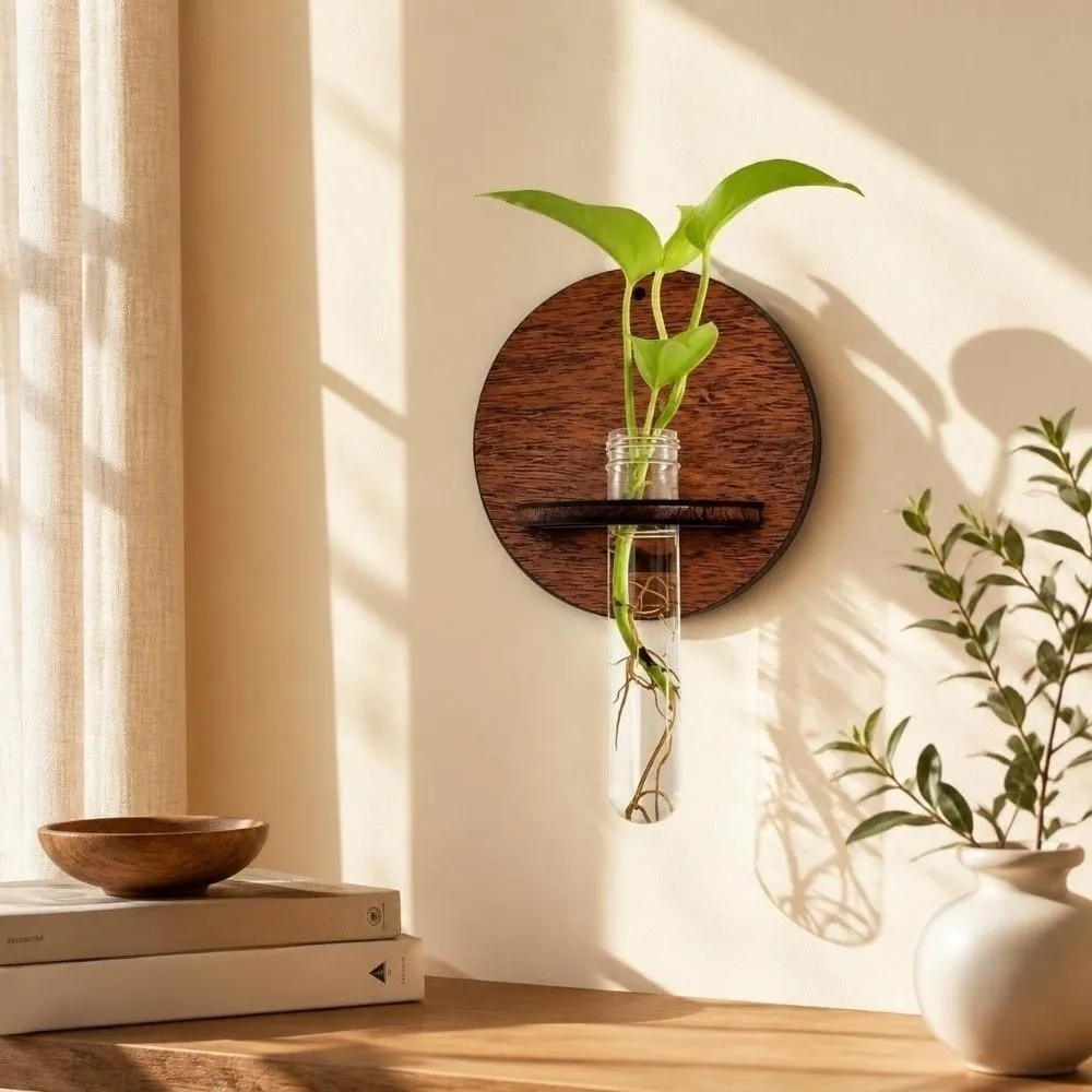Minimalist Wooden Hydroponic Planter Shelf Vase Home Ornaments Planter Holder Retro Round Flower Pot