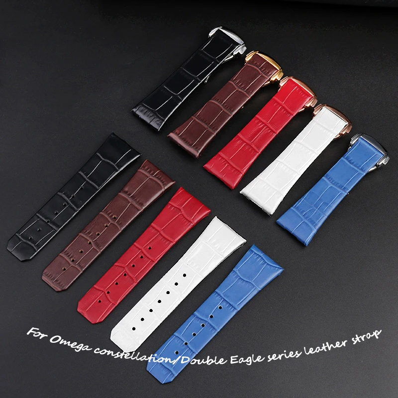 

23MM Blue Red Bracelet For Omega Constellation Double Eagle Watch Strap Leather Waterproof Folding Buckle Notch Watch band Male
