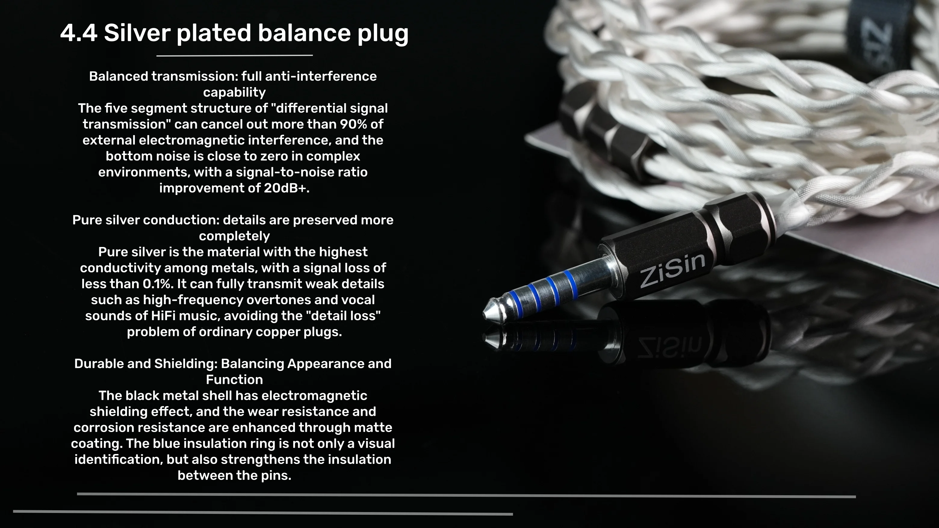 ZiSin-341 IEM-Kabel, 4,4 mm versilberter Stecker, kompatibel mit MMCX/Dual 3,5 mm, geeignet für MOONDROP X Crinacle DUSK IEM – Detail 14