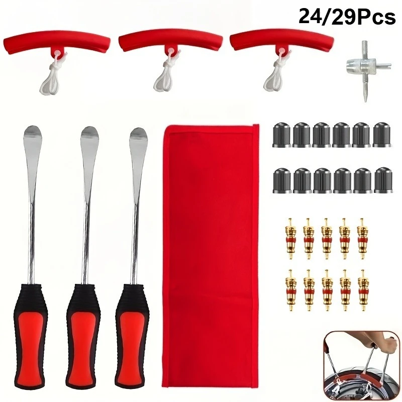 

29/24/Pcs Car Bicycle Tire Changing Levers Repair Tool Tire Spoon Lever Tire Protector Valve Cap Valve Cores For Bike Motorcycle
